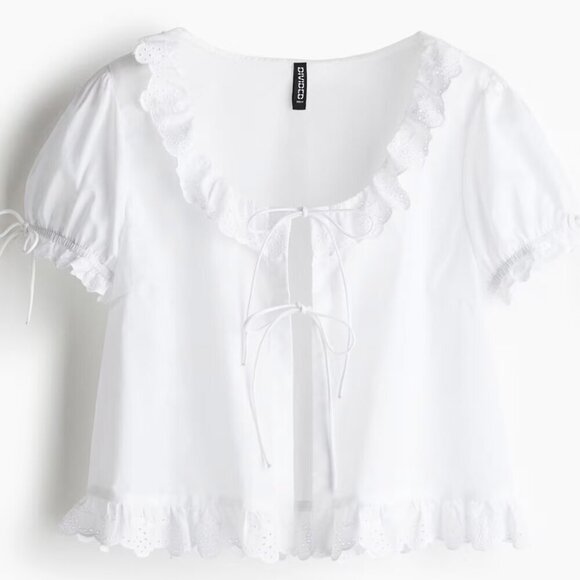 H&M Tops - H&M White Ruffle-Trimmed Cotton Blouse L